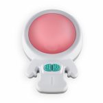 A white device in the shape of an astronaut with pink face area and two blue buttons