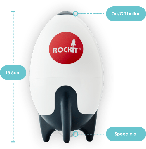 A rocket-shaped baby rocking device called Rockit with three labels, one reading "on/off button" at the top, one showing the height at 15.5cm and a third pointing to the bottom and reading "Speed dial". There is a Rockit logo on the device